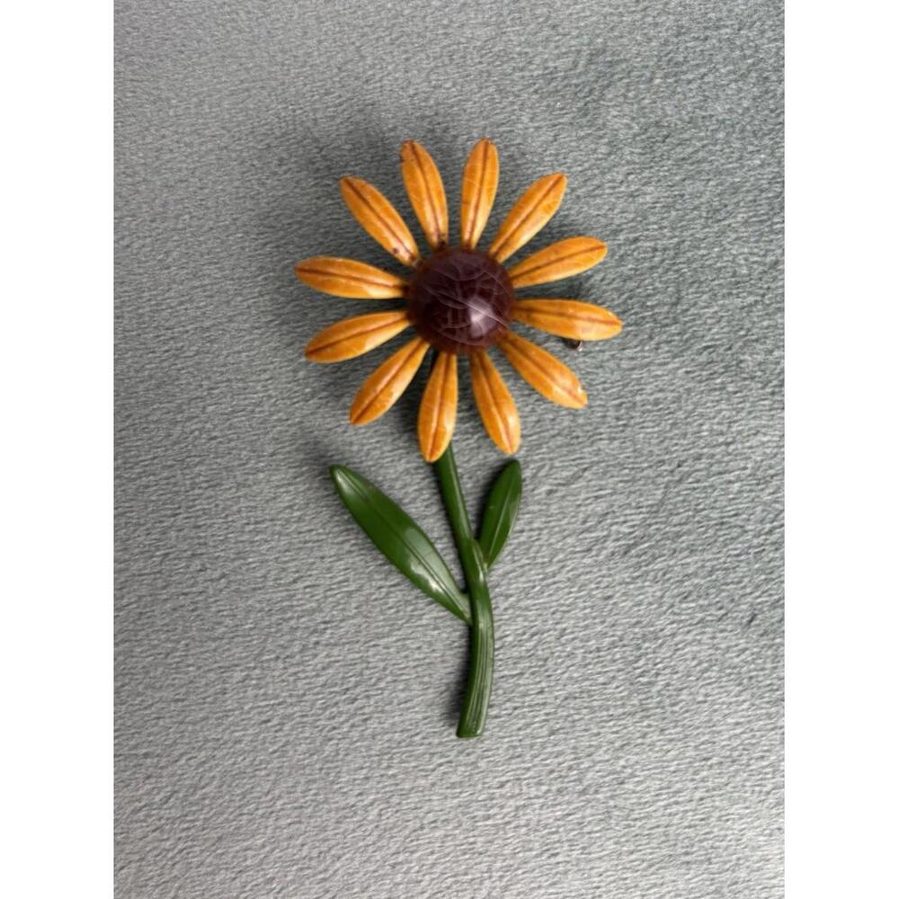 Vintage‎ Enamel Sunflower Brooch Yellow Flower Pin Green Stem Mid Century P042